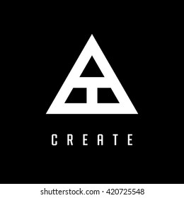 Triangle logo. Create. Minimal geometry. Black background. Stock vector.