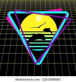 Triangle logo with dolphins silhouettes, cyber laser grid on black background. Synthwave, vaporwave, retrowave 80s. Retro futuristic aesthetic solar circle emblem