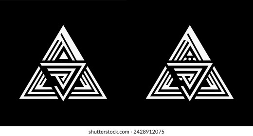 Triangle logo geometric pyramid shape, black and white overlapping thin lines minimal style icon