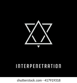 Triangle logo. Interpenetration. Minimal geometry. Black background. Stock vector.
