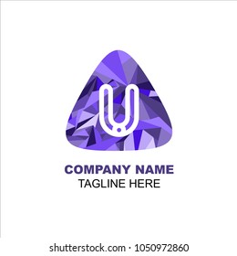 Triangle logo letter U low poly style blue color