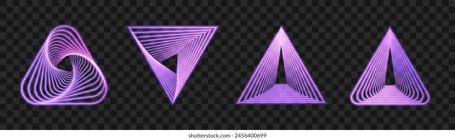 Efecto de luz del logotipo del triángulo, perspectiva espiral con rotación, portal místico de la forma del Fractal, Plantilla de diseño de la forma del equilibrio de la identidad. Vector	
