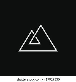 Triangle logo. Mountains. Minimal geometry. Black background. Stock vector.