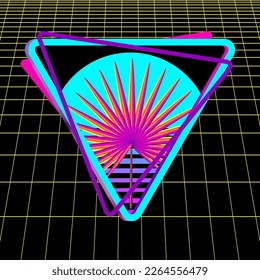 Triangle logo with palm tree leaf cyber laser grid on black background. Synthwave, vaporwave, retrowave 80s. Retro futuristic aesthetic solar circle emblem