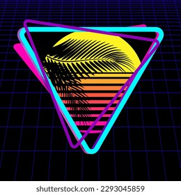 Triangle logo with palm tree leaves silhouettes, cyber laser grid on black background. Synthwave, vaporwave, retrowave 80s. Retro futuristic aesthetic solar circle emblem