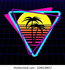 Triangle logo with palm trees silhouettes, cyber laser grid on black background. Synthwave, vaporwave, retrowave 80s. Retro futuristic aesthetic solar circle emblem