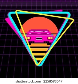 Logotipo del triángulo con coche de juego pc, rejilla láser cibernética sobre fondo negro. Synthwave, vaporwave, retrowave 80s. emblema del círculo solar estético retro futurista