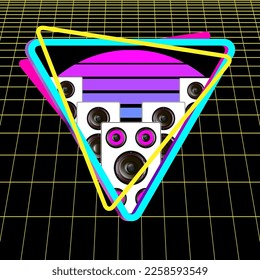 Triangle logo with speakers, cyber laser grid on black background. Synthwave, vaporwave, retrowave 80s. Retro futuristic aesthetic solar circle emblem