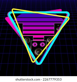 Triangle logo with speakers, cyber laser grid on black background. Synthwave, vaporwave, retrowave 80s. Retro futuristic aesthetic solar circle emblem