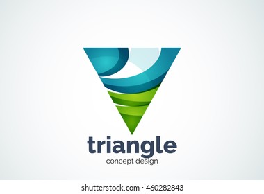 Triangle logo template, triple cycle or pyramid concept - geometric minimal style, created with overlapping curve elements and waves. Corporate identity emblem, abstract business company branding
