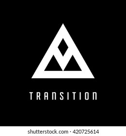 Triangle logo. Transition. Minimal geometry. Black background. Stock vector.