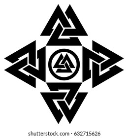 Triangle logo. Valknut is a Viking Age symbol, which representing Norse warrior culture. geometry. White background. Symbol of Odin