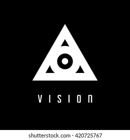 Triangle logo. Vision. Minimal geometry. Black background. Stock vector.