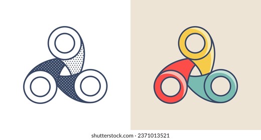 Triangle logo. Yin and yang overlapping emblem. Optical intersection sign. Retro 3D overlay icons with halftone polka dots and color shift. Vector impossible shape for vintage label, fintech startup.