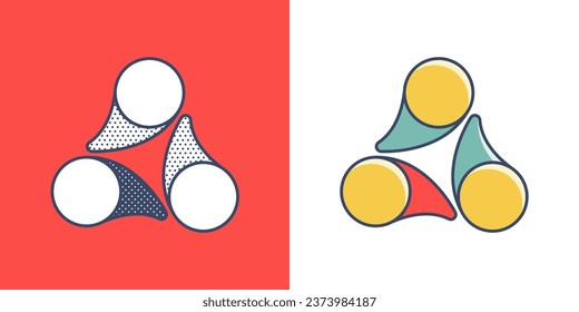 Triangle logo. Yin and yang overlapping emblem. Optical intersection sign. Retro 3D overlay icons with halftone polka dots and color shift. Vector impossible shape for vintage label, fintech startup.