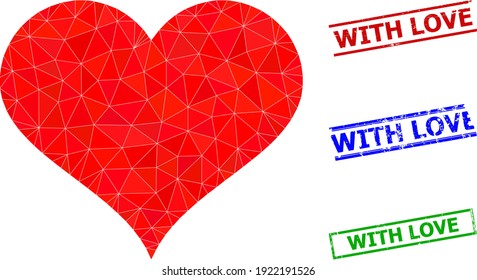 Triangle love heart polygonal icon illustration, and unclean simple With Love stamp seals. Love Heart icon is filled with triangles. Simple stamp seals uses lines, rects in red, blue, green colors.