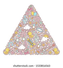 Triangle made of different baby things.Cute different baby things isolated on white background. Special for your design, greeting cards, announcements, posters, textiles and something interesting.      