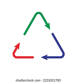 Un triángulo formado por tres flechas tricolor. Concepto de reciclaje - ilustración , vector , icono 