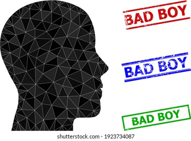 Triangle man profitiert polygonal Symbol-Illustration, und unklar einfach Bad Boy Gummi Siegel. Das Symbol Man Profile ist mit Dreiecken gefüllt. Einfache Stempelsiegel verwenden Linien, die in Rot, Blau, Grün aufgezeichnet sind.