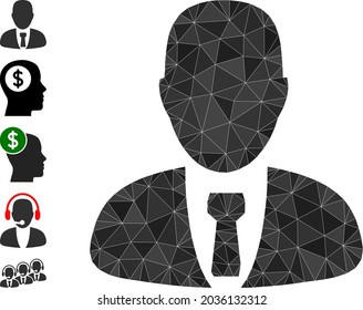 Triangle manager polygonal icon illustration, and similar icons. Manager is filled with triangles. Lowpoly manager constructed with chaotic filled triangles.