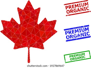 Triangle maple leaf polygonal icon illustration, and distress simple Premium Organic stamp imitations. Maple Leaf icon is filled with triangles. Simple stamp seals uses lines, rects in red, blue,