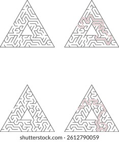 Triangle Maze Illustration With Solution Path And Unsolved Version Puzzle
