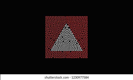 Triangle maze line art. Abstract maze design. White pyramid in red square lines. Vintage print.