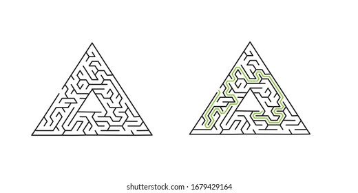 Triangle maze with path to center with solution