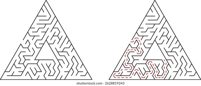 Triangle maze with solution path showing the complexity and solution concept clearly