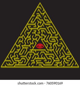 Triangle maze with way from center to exit on  black background. Problem, confusion and solution concept. compatible vector illustration, no transparency, no gradients