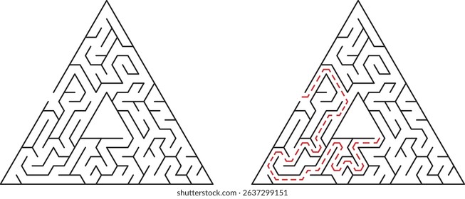 Triangle mazes with solution path representing problem solving and finding solutions