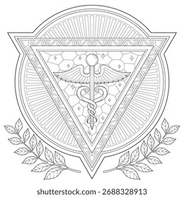 Logotipo médico del triángulo con la hoja y el borde del patrón del círculo. Ilustración de página para colorear de aprendizaje y educación para adultos y niños. Estilo de contorno de Vector, dibujo en blanco y negro para varios propósitos.