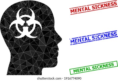 Triangle mental virus polygonal icon illustration, and unclean simple Mental Sickness stamp seals. Mental Virus icon is filled with triangles. Simple stamp seals uses lines, rects in red, blue,
