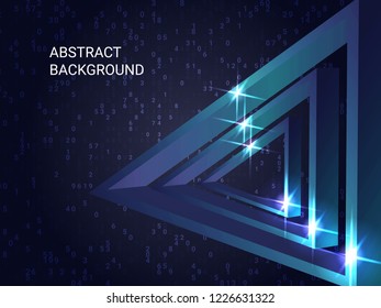 Triangle metal sparkle on background. Futuristic geometric background. Abstract composition. 3D vector illustration . Blue  three-dimensional triangle metal in space.