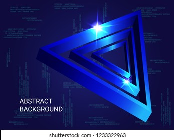 Triangle metal sparkle on background. Modern geometric background. Abstract composition. 3D vector illustration . Blue  three-dimensional triangle metal in space.