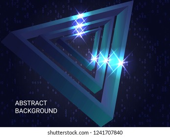 Triangle metal sparkle on background. Modern geometric background. Abstract composition. 3D vector illustration . Blue  three-dimensional triangle metal in space.
