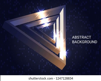 Triangle metal sparkle on background. Creative geometric background. Abstract composition. 3D vector illustration . Bronze  three-dimensional triangle metal in space.