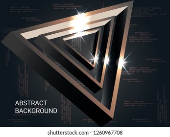 Triangle metal sparkle on background. 3D vector illustration . Modern geometric background. Abstract composition. Bronze  three-dimensional triangle metal in space.