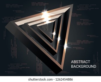 Triangle metal sparkle on background. 3D vector illustration . Modern geometric background. Abstract composition. Bronze  three-dimensional triangle metal in space.