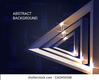 Triangle metal sparkle on background. Modern geometric background. Abstract composition. 3D vector illustration . Bronze  three-dimensional triangle metal in space.