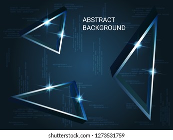 Triangle metal sparkle on background. 3D vector illustration . Minimal geometric background. Abstract composition. Blue  three-dimensional triangle metal in space.