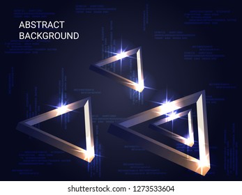Triangle metal sparkle on background. Minimal geometric background. Abstract composition. 3D vector illustration . Bronze  three-dimensional triangle metal in space.
