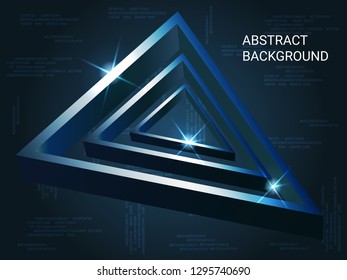 Triangle metal sparkle on background. 3D vector illustration . Modern geometric background. Abstract composition. Blue  three-dimensional triangle metal in space.