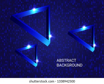 Triangle metal sparkle on background. 3D vector illustration . Minimal geometric background. Abstract composition. Blue  three-dimensional triangle metal in space.