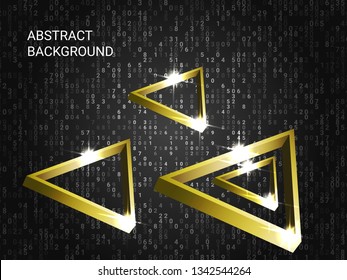 Triangle metal sparkle on background. 3D vector illustration . Modern geometric background. Abstract composition. Gold  three-dimensional triangle metal in space.