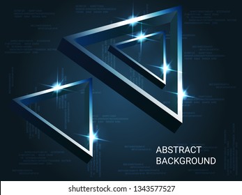 Triangle metal sparkle on background. 3D vector illustration . Modern geometric background. Abstract composition. Blue  three-dimensional triangle metal in space.