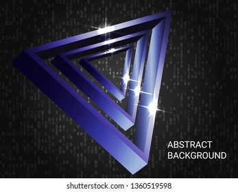 Triangle metal sparkle on background. 3D vector illustration . Creative geometric background. Abstract composition. Blue  three-dimensional triangle metal in space.