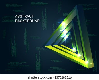 Triangle metal sparkle on background. Futuristic geometric background. Abstract composition. 3D vector illustration . Green  three-dimensional triangle metal in space.
