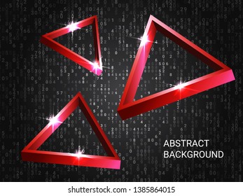 Triangle metal sparkle on background. Minimal geometric background. Abstract composition. 3D vector illustration . Red  three-dimensional triangle metal in space.