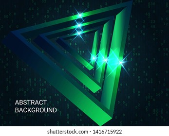 Triangle metal sparkle on background. 3D vector illustration . Modern geometric background. Abstract composition. Green  three-dimensional triangle metal in space.